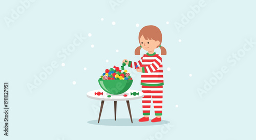 Joyful Child Selects Candies From Overflowing Bowl Festive Pajamas Snowfall