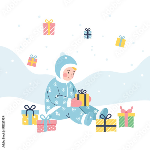 Joyful Child Surrounded By Festive Gifts During Winter Snowfall Celebration