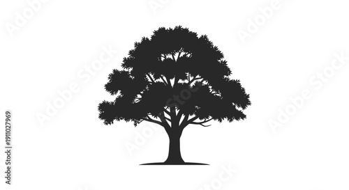 A stark silhouette of a full leafy tree dominates a plain white background creating a minimalist design