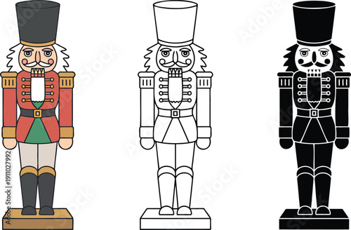 Nutcracker soldier silhouette & Outline and illustration set isolated on transparent background