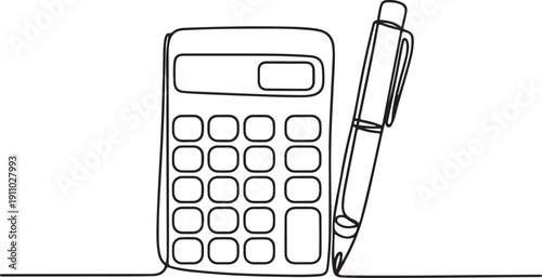 Minimal Single Line Art of Calculator and Pen. Finance and Accounting Illustration