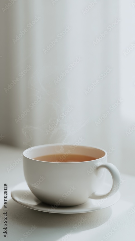 Obraz premium Steaming Cup of Tea on a Saucer