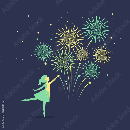 Joyful Childhood Wonder Observing Dazzling Fireworks Display In Night Sky