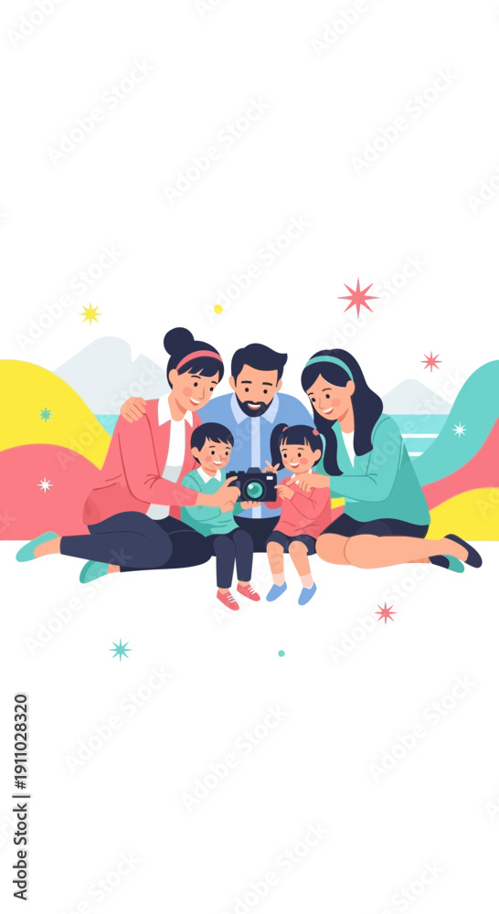 Fototapeta premium Joyful Family Capturing Memories Together with a Vintage Camera