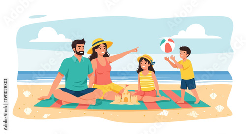 Joyful Family Beach Vacation Fun Building Sandcastles And Playing Ball