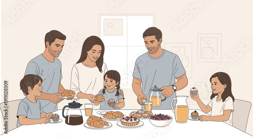 Joyful Family Breakfast Scene Serving Pastries And Drinks Together