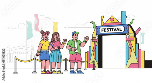 Joyful Crowd Approaching Festive Event Entrance Archway