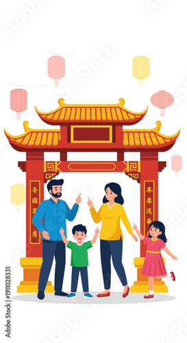 Joyful Family Celebrates Lunar New Year Under Traditional Archway Festive Lanterns Illuminate