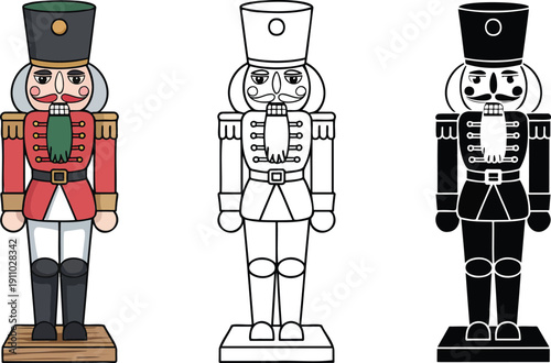 Nutcracker soldier silhouette & Outline and illustration set isolated on transparent background