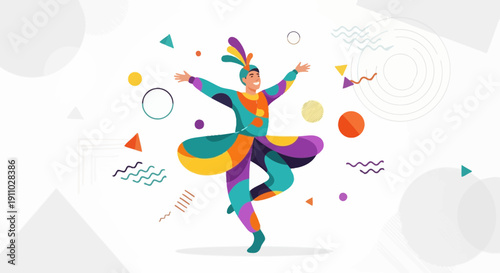 Joyful Dancer In Vibrant Traditional Costume With Geometric Patterns Floating