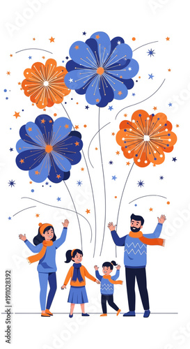 Joyful Family Celebration With Vibrant Abstract Fireworks Displays