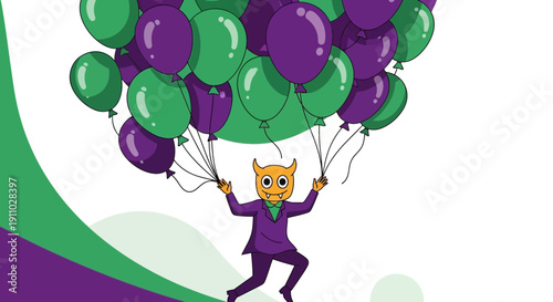 Joyful Devil Character Ascending With A Large Bunch Of Colorful Balloons
