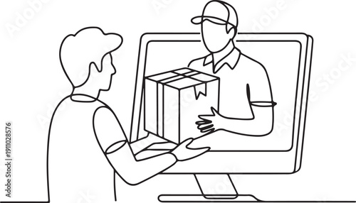 Minimal Single Line Art of Online Delivery Service. E-Commerce Package Handover Illustration
