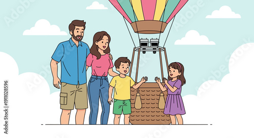 Joyful Family Excitement Before Adventurous Hot Air Balloon Ride In The Sky
