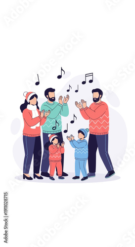 Joyful Family Gathering Singing Festive Carols Together Outdoors During Winter Season