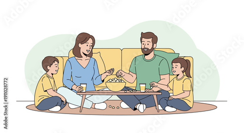Joyful Family Leisure Time Sharing Snacks Together Indoors