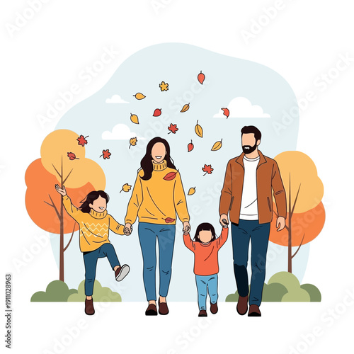 Joyful Family Stroll Amidst Autumn's Colorful Embrace