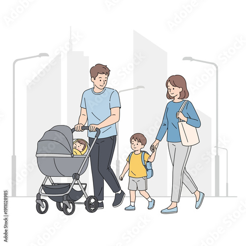 Joyful Family Stroll In Modern Urban Setting