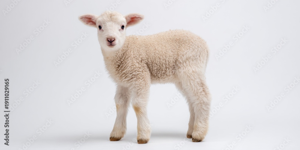 Fototapeta premium Cute fluffy white lamb standing on white background