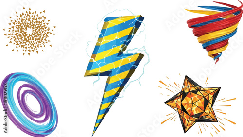 Abstract dynamic graphic elements collection with lightning bolt star vortex and colorful spiral shapes on background