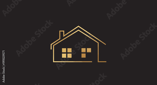 Minimalist Golden House Line Art on Black Background Symbolizing Real Estate