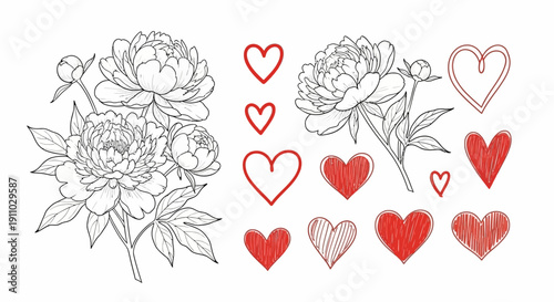 Delicate floral illustration with charming hand-drawn hearts, perfect for romantic and artistic designs