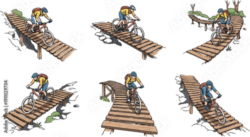 Cyclist riding mountain bike on wooden bridge structure vector illustrations for forest trail and park obstacle courses