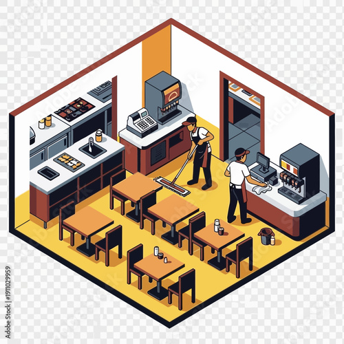 Isometric view of a restaurant interior with tables and staff.