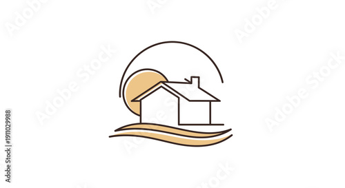 Minimalist House Logo Design Surrounded By Sun And Water Element Symbols