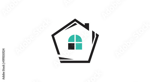Minimalist Home Design Logo Featuring Window And Pentagonal Frame In Black And White