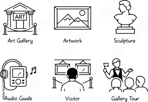 Art gallery and museum exhibition outline icon set

