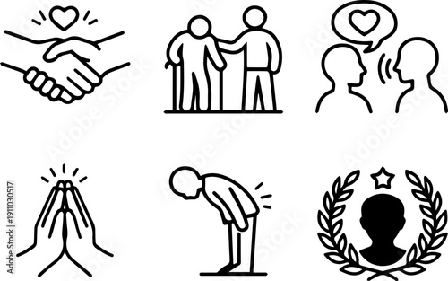 Social support and community care outline icons. Vector