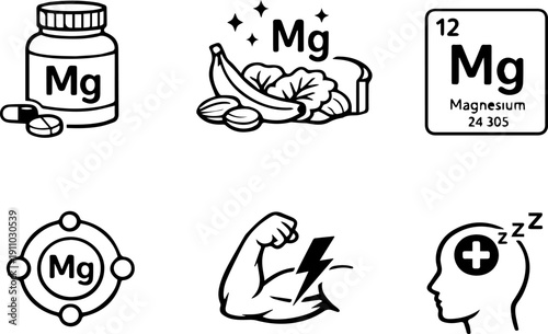 Magnesium supplement and mineral benefits outline icon set
