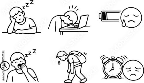 Tired person low battery and exhaustion icon set. Vector