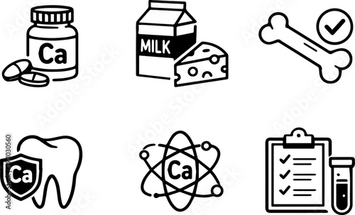 Calcium supplement dairy and bone health icon set. Vector