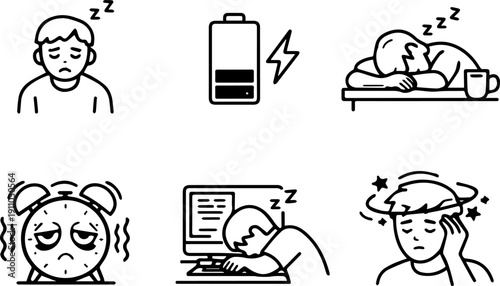 Tired person low battery and exhaustion icon set
