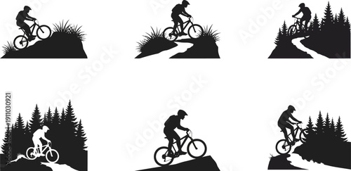 Mountain bikers in silhouette vector set, riding forest trails, downhill adventure, extreme sport graphics