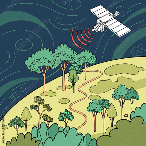 Satellite Monitoring Deforestation from Earth View, Environmental Protection and Climate Change Vector Illustration