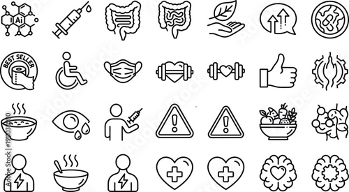 Medical, healthcare, outline, icon, set, health, nutrition, fitness, AI, vaccination, warning, organic, wellness, vector, symbols, collection, isolated, light, background