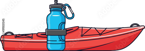 Red recreational kayak with blue water bottle in holder for outdoor aquatic sports and active adventure on lake or sea