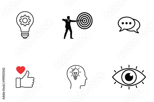 Icon set representing communication, creativity, and feedback concepts