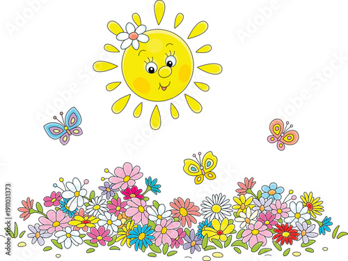 Happy little Sun smiling over colorful flowers and merry butterflies flying around a pretty flowerbed in a garden, vector cartoon illustration on a white background