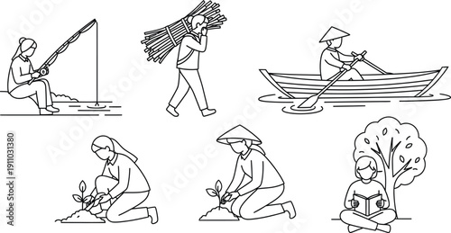 Rural life activities fishing carrying wood boating planting tree reading book and gardening illustrations black and white