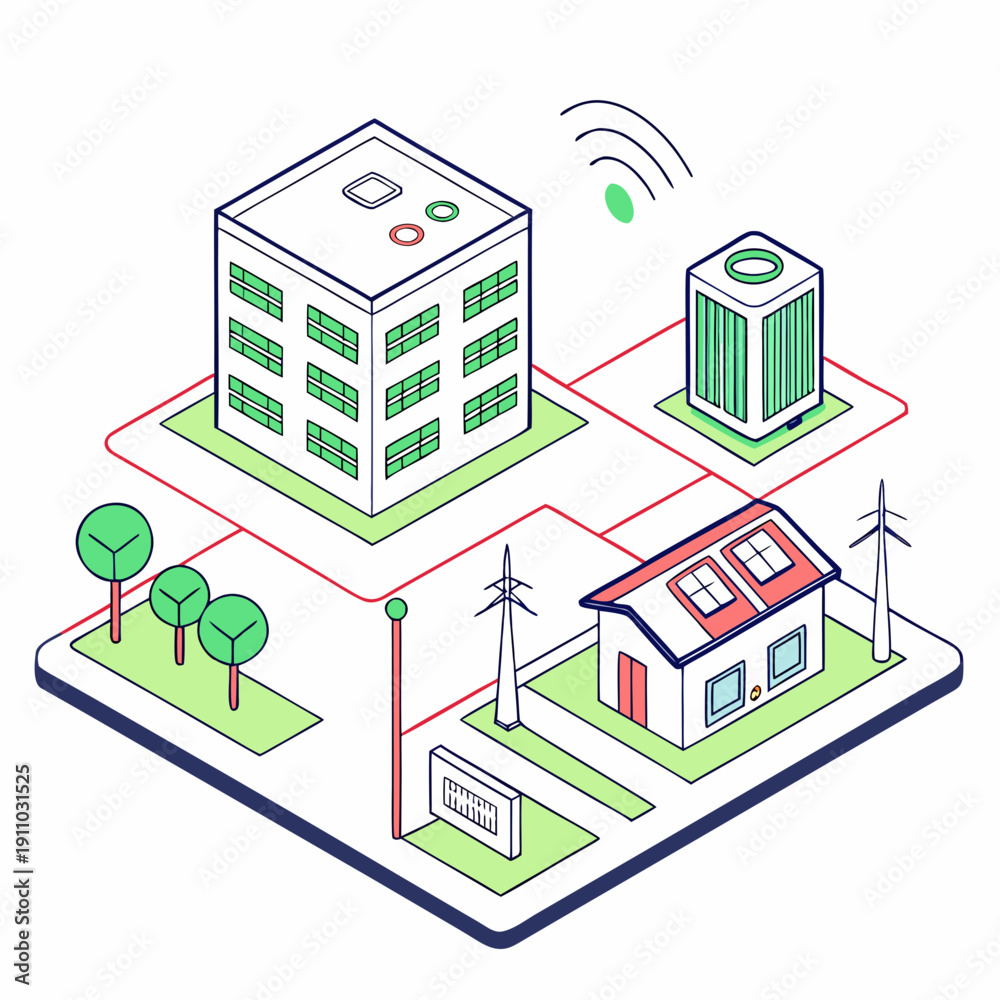 Naklejka premium Isometric Smart Ecosystem Digital Twin Model Showcasing Interconnected Technologies and Data Flow