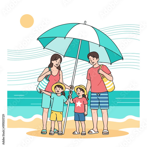 Joyful Family Vacationing Together Under a Beach Umbrella