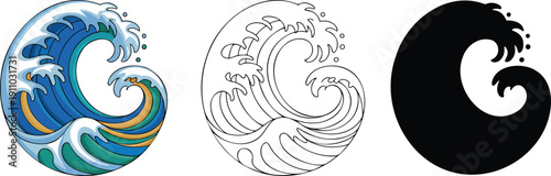 Ocean wave silhouette & Outline and illustration set isolated on transparent background