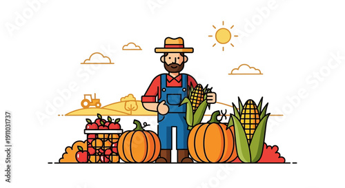 Joyful Farmer Character Holding Harvested Crops With Tractor And Sun Illustration