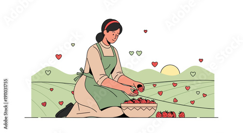 Joyful Farmer Woman Harvesting Fresh Strawberries In A Field With Hearts