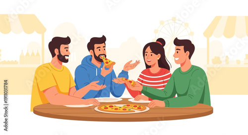 Joyful Friends Enjoying Pizza Together Outdoors Scene