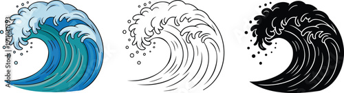 Ocean wave silhouette & Outline and illustration set isolated on transparent background